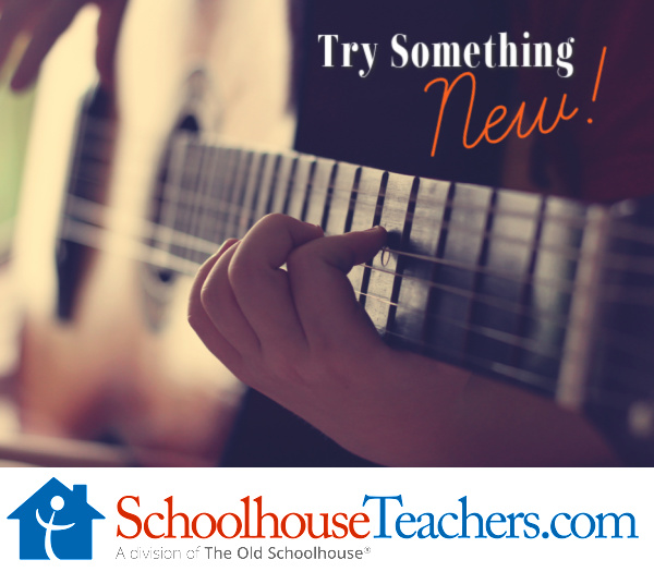 a closeup of a child's hands as they play the guitar and the words "Try Something New!" 