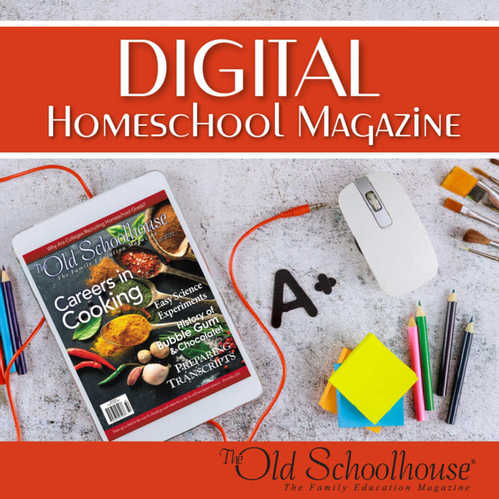 a tablet computer showing a digital issue of The Old Schoolhouse Magazine on a countertop with school supplies