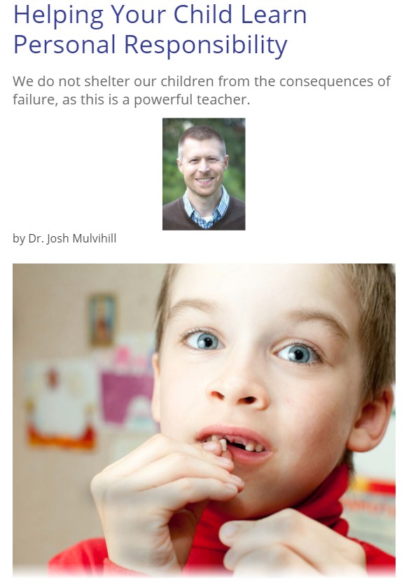 author Dr. Josh Mulvilhill, a photo of his son with a missing tooth and the title Helping Your Child Learn Personal Responsibility