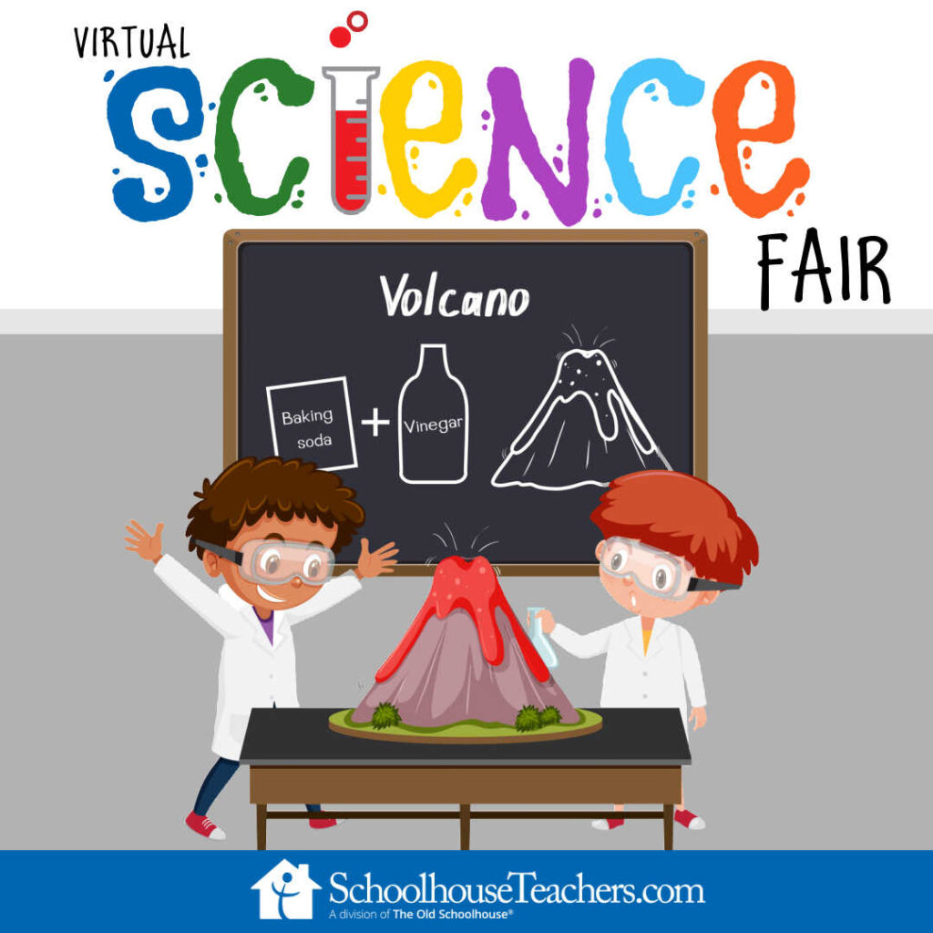 a cartoon of two boys having fun making a volcano model erupt and a blackboard showing vinegar and baking soda being used for the virtual science fair project