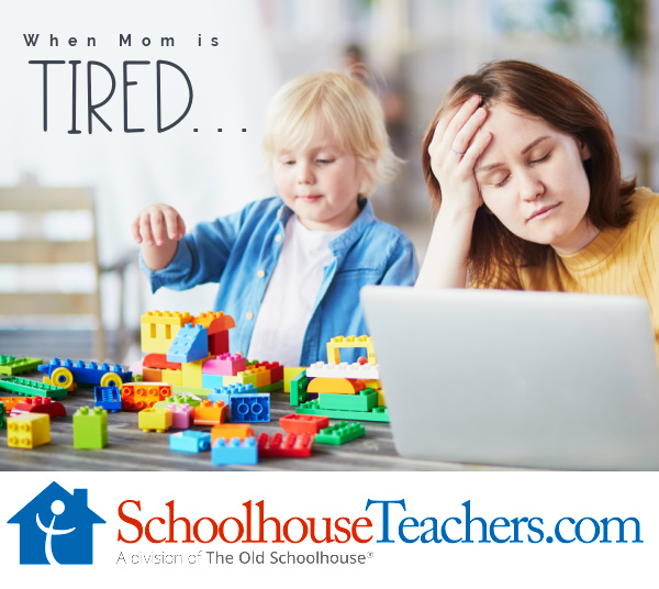 a young boy playing with building blocks and a tired mom in front of a laptop computer